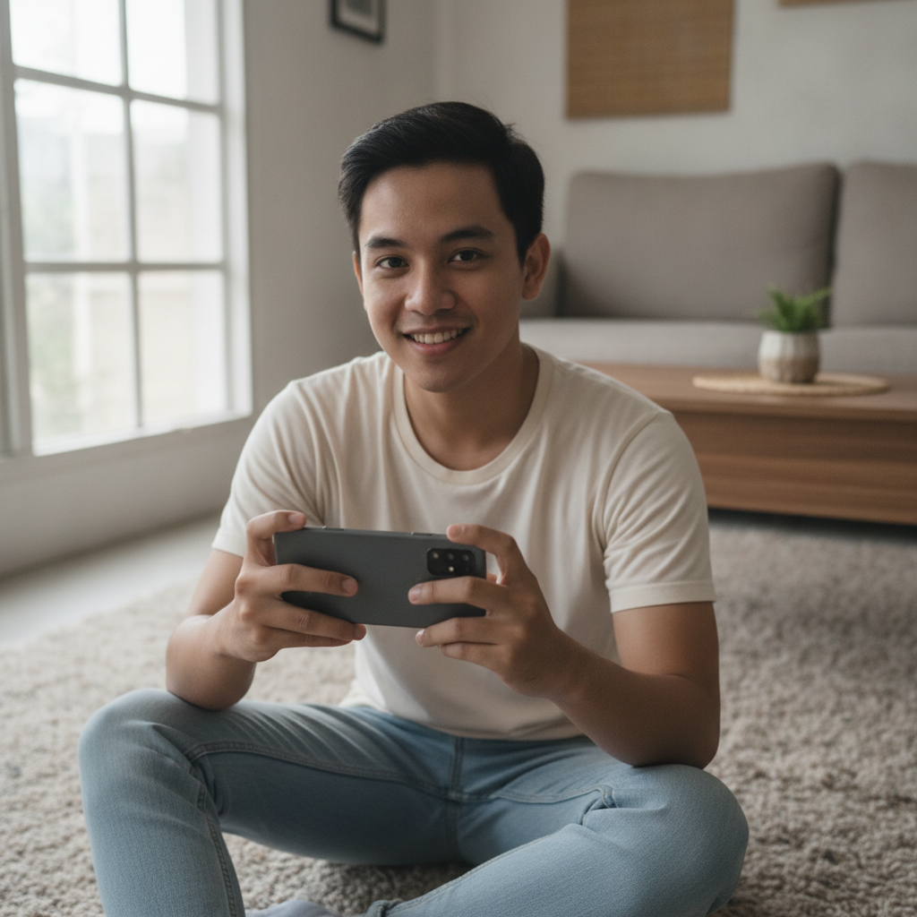 Filipino player holding smartphone ready to start online casino gaming